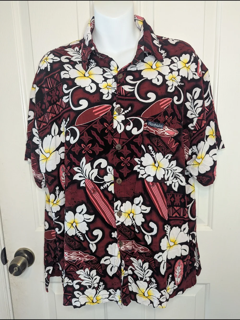 Vintage Island Stuff Barbados Hawaiian Shirt Mens L Maroon Red Surfboard Aloha